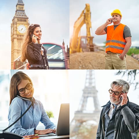 'Was ist eine Telefonkonferenz?' Es telefonieren eine Frau in London, ein Mann auf einer Baustelle, eine Frau mit Brille im Büro und ein Mann vor dem Eifelturm miteinander.