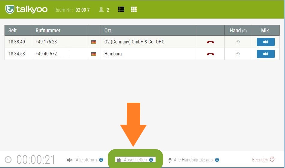Telefonkonferenz Sicherheit: In der Websteuerung einer Telefonkonferenz von talkyoo können Sie Ihren Raum abschließen.