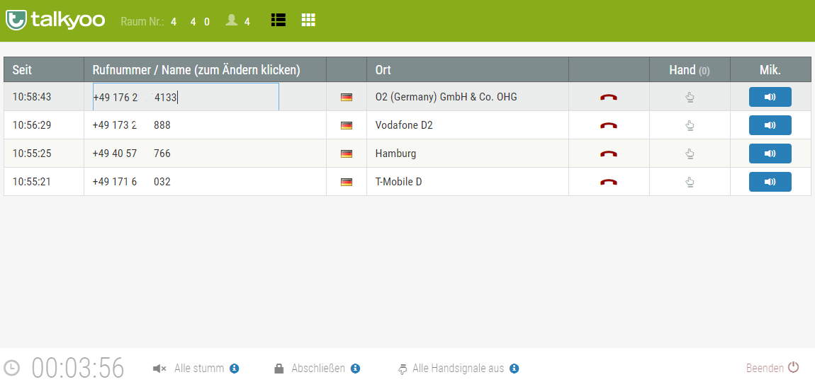 Die Steuerung der Telefonkonferenz im Browser. Klicken Sie auf eine Rufnummer. Jetzt können Sie diese bearbeiten und den Namen des Anrufers eintragen.