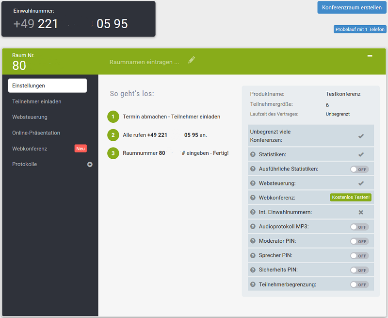 Ihr kostenloser Raum für Telefonkonferenzen ist erstellt.