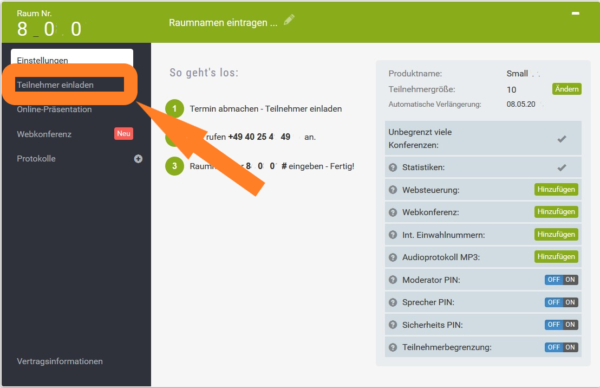 2. Menü in der Raumbox: Teilnehmer einladen