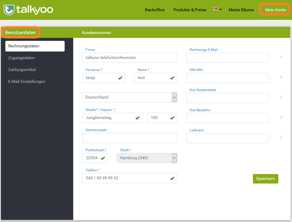 Rechnungsadresse der Telefonkonferenz ändern: mein Konto- Benutzerdaten - Rechnungsdaten