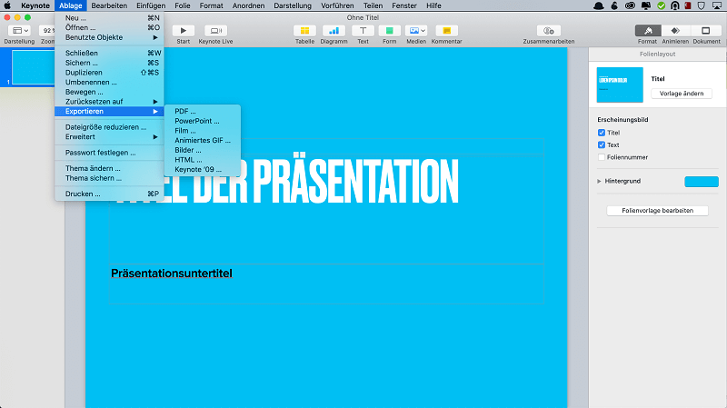 Eine PDF-Datei aus Keynote für die Online Präsentation erstellen