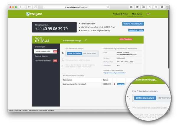 Präsentation für Ihre Telefonkonferenz hochladen