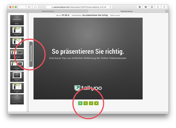 Online-Präsentation: Vorschaublider und Tasten zum Umblättern 