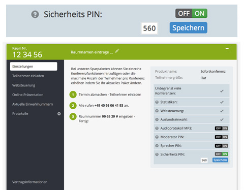 Sicherheits PIN in den Einstellungen des Konferenzraumes aktivieren