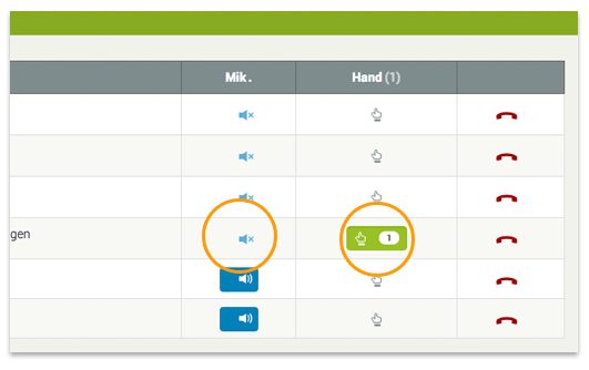 Lautlose Handzeichen der Telefonkonferenz sind in der Websteuerung sichtbar.